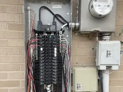 Open breaker panel with circuit breakers