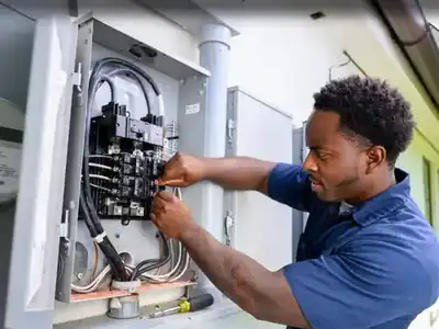 Electrician working inside a breaker panel
